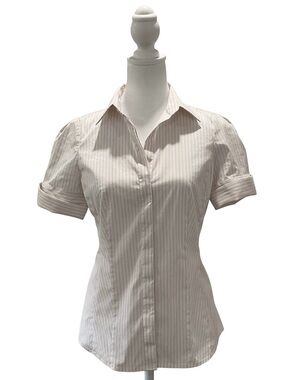 Ann Taylor Striped Short Sleeve Button Down Blouse size 4 petite white beige